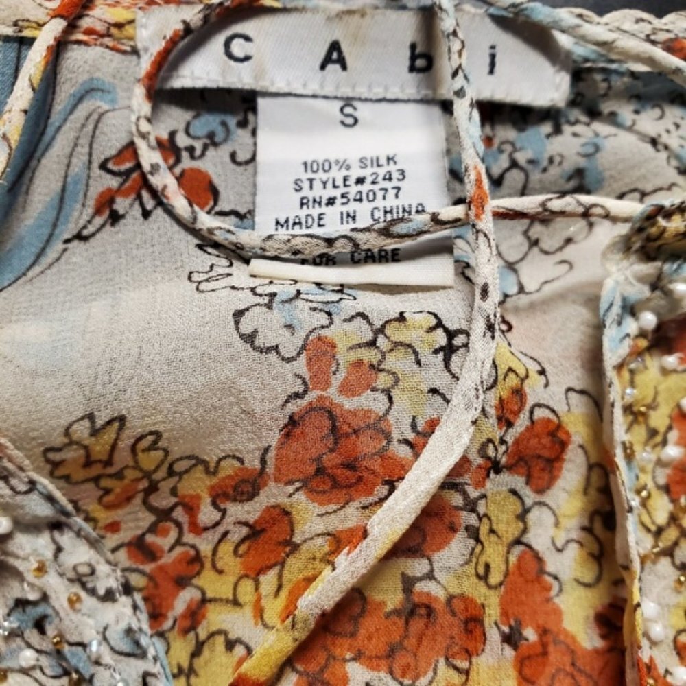 CAbi Sheer Silk Beaded Floral Long Sleeve Tunic Blouse Small - Picture 5 of 5
